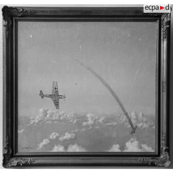 Tableau représentant la victoire aérienne d'un Me-109-E sur un Spitfire qui tombe en flammes.