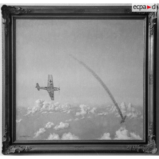 Tableau représentant la victoire aérienne d'un Me-109-E sur un Spitfire qui tombe en flammes.