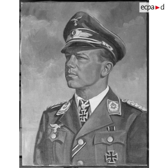 Tableau représentant Helmut Wick, en tenue de sortie, portant ses décorations et le grade de Major.