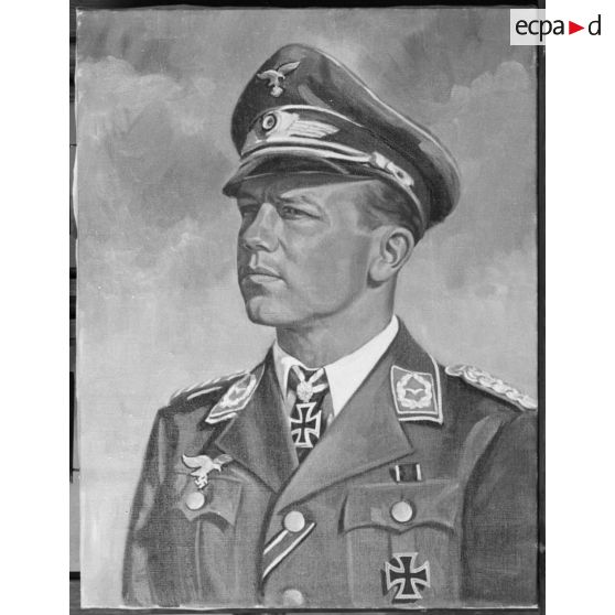 Tableau représentant Helmut Wick, en tenue de sortie, portant ses décorations et le grade de Major.