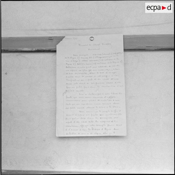 Reproduction de la lettre écrite par Mohamed Hattab au colonel Marcel Bigeard, commandant le 3ème régiment de parachutistes coloniaux (RPC).