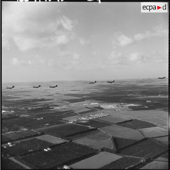 Vol en formation des hélicoptères de combat Piasecki H21C au-dessus de la vallée du Chélif.