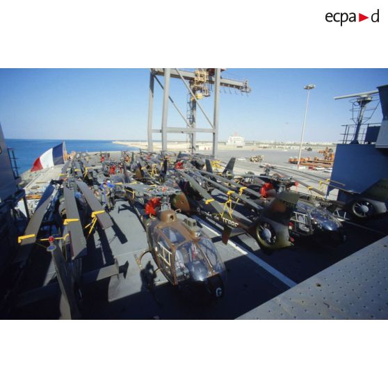 Sur la plage arrière du TCD (transport de chalands de débarquement) Foudre à quai à Yanbu sont alignés des hélicoptères de combat Gazelle de l'ALAT (aviation légère de l'armée de terre), pales repliées.