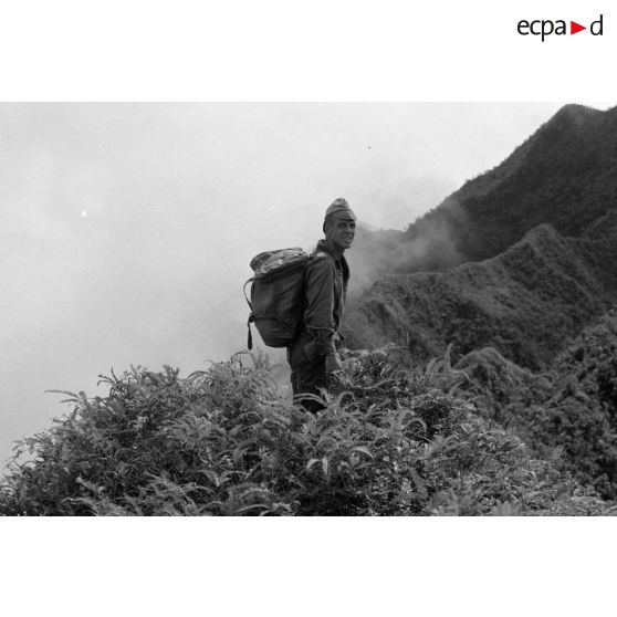 La troisième section de la première compagnie du régiment d'infanterie de marine de Polynésie (RIMaP) ouvre une piste entre l'Aorai et le Tamara à Tahiti.[Description]