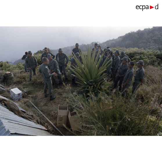 Sur l'Aorai à Tahiti, les vivres récupérés sont acheminés au bivouac et partagés entres les hommes. [Description en cours]