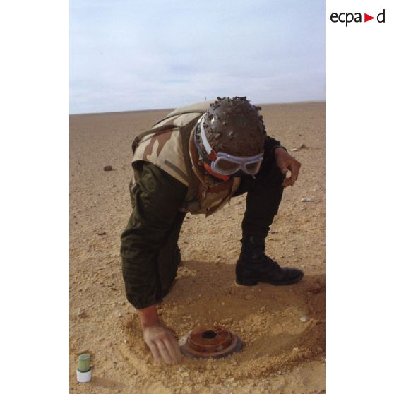 Entraînement au déminage d'une mine antichar par le 6e REG (régiment étranger du génie), lors d'un exercice près de la ZDO (zone de déploiement opérationnel) Olive, avant l'offensive terrestre.