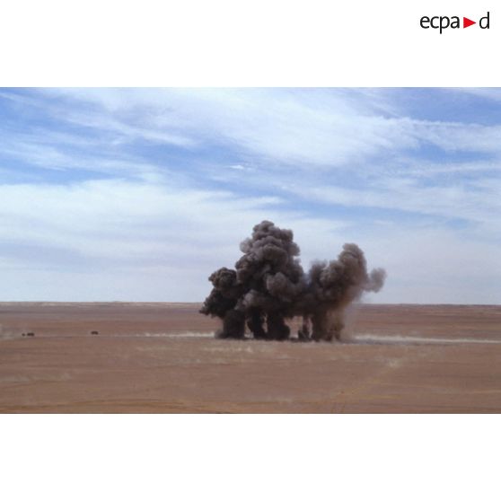 Dans le désert en ZDO (zone de déploiement opérationnel) Olive, explosions produites lors d'un exercice de déminage du 6e REG (régiment étranger du génie).