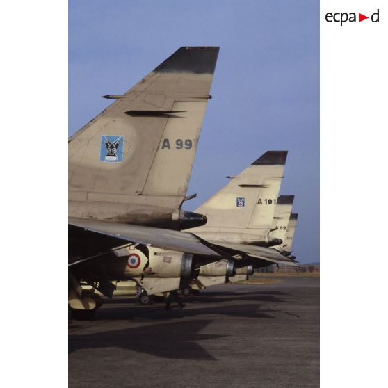 Sur la BA (base aérienne) 136, alignement des empennages d'avions de combat Jaguar A du 1er escadron de la 11e EC (escadre de chasse) de retour du Golfe.