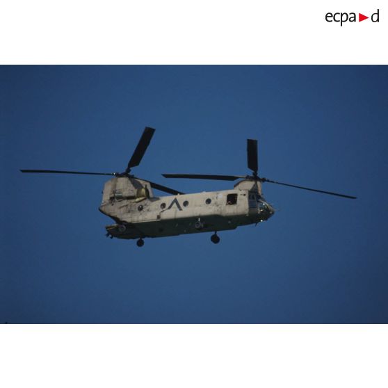 Hélicoptère d'assaut Boeing Vertol CH-47 Chinook américain en vol.