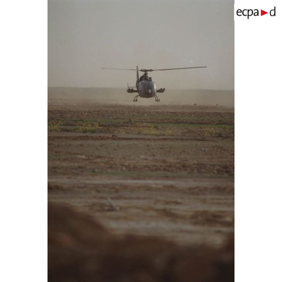 Un hélicoptère de combat Gazelle Hot se pose dans le désert.