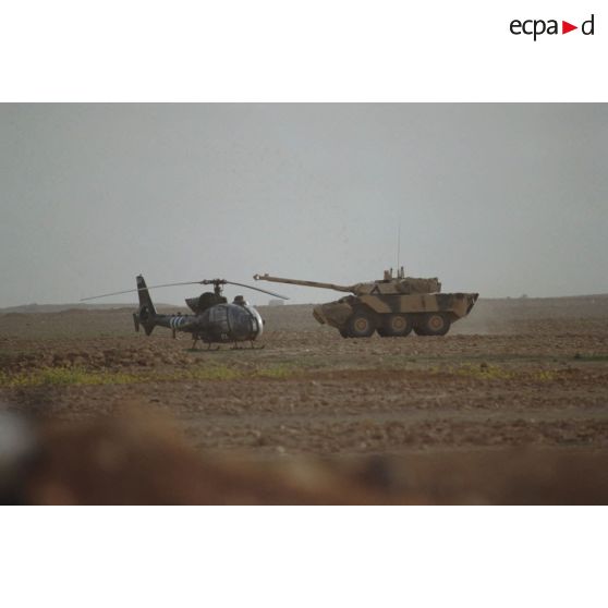 Dans le désert, un hélicoptère de combat Gazelle Hot posé près d'un blindé de reconnaissance AMX-10 RC.