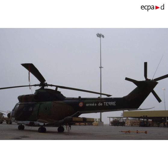 Un hélicoptère de transport Puma Orchidée (observatoire radar cohérent héliporté d'investigation des éléments ennemis), radar replié, au sol.