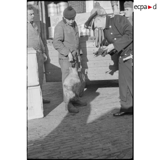 Chargement de denrées pour les marins d'un bâtiment de surface.