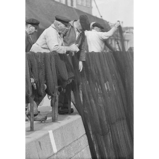 Dans le port de Douarnenez, les pêcheurs font sécher les filets.