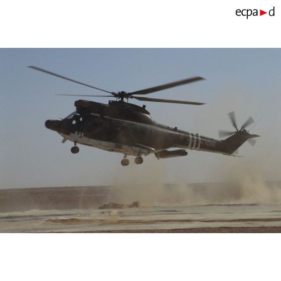 Un hélicoptère de transport Puma Orchidée (observatoire radar cohérent héliporté d'investigation des éléments ennemis) au décollage pour un survol du désert saoudien.