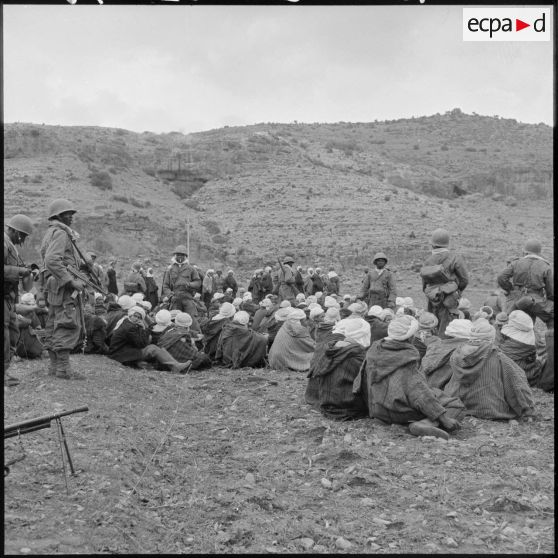 Regroupement des homme algériens arrêtés lors d'une opération du 110e régiment d'infanterie motorisée (RIM) à Maazia.