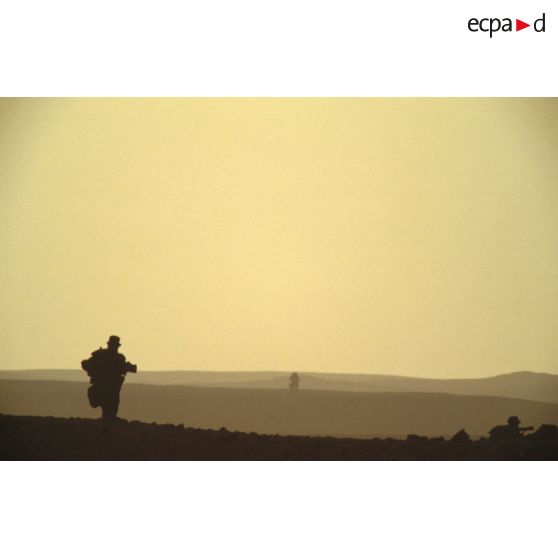 Deux militaires d'un groupe de combat du 1er RI marchent pour rejoindre un lieu d'héliportage par les appareils du 1er RHC (régiment d'hélicoptères de combat).