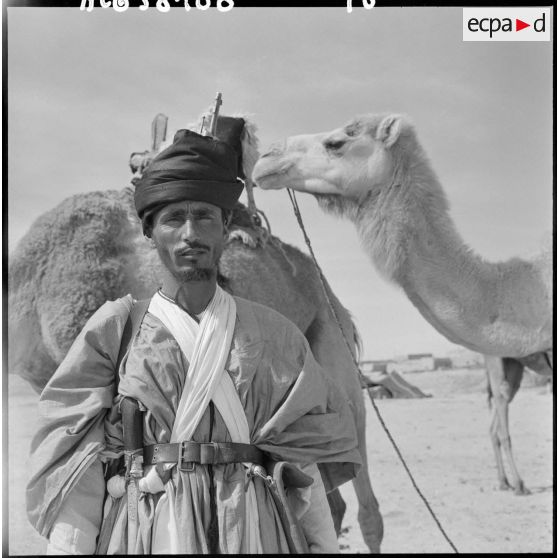 Portrait d'un méhariste Reguibat de la compagnie méhariste du Dra avec ses dromadaires.