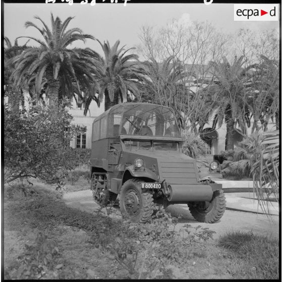 Half-track devant un bâtiment et des palmiers.