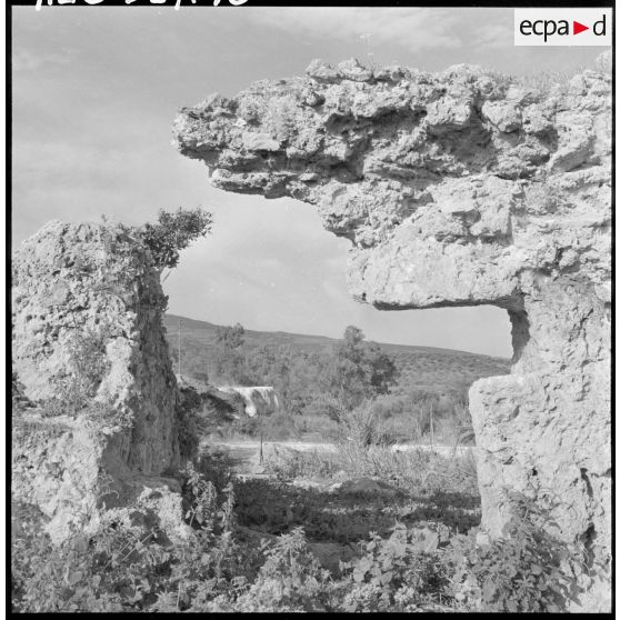 Vue de Hammam-Meskoutine avec sa cascade de calcaire et sa source d'eau chaude.