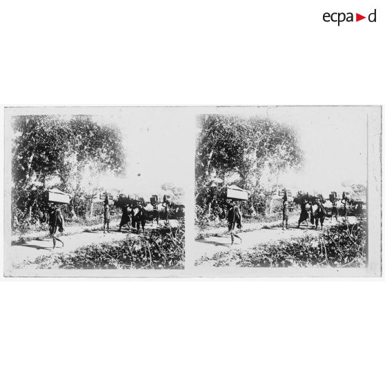 Portage au Dahomey - Hommes et jeunes filles. [légende d'origine]<br>