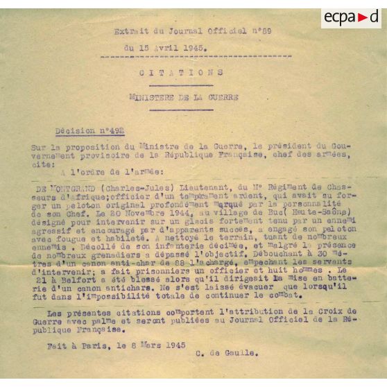 Extrait Journal Officiel  décoration de la Croix de Guerre avec palmes. [légende d'origine]