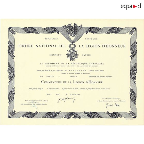 Brevet de Commandeur de la Légion d'honneur - 1968. [légende d'origine]