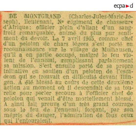 Avis Journal Officiel  du 19 août 1945.  Decoration de Charles de Montgrand de la  légion d'Honneur. [légion d'honneur]