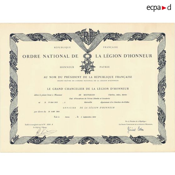 Brevet Officier de la légion d'Honneur - MAROC - 1959. [légende d'origine]