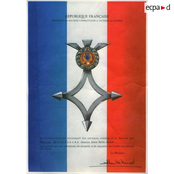 Reconnaissance de services rendus en Algérie. [légende d'origine]