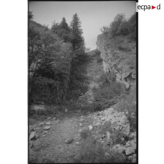 Fort du Saint-Eynard. Fossé taillé dans la roche - 1991. [légende d'origine]
