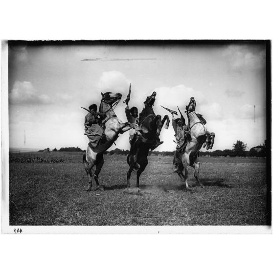 [Trois chevaux cabrés avec leurs cavaliers.]