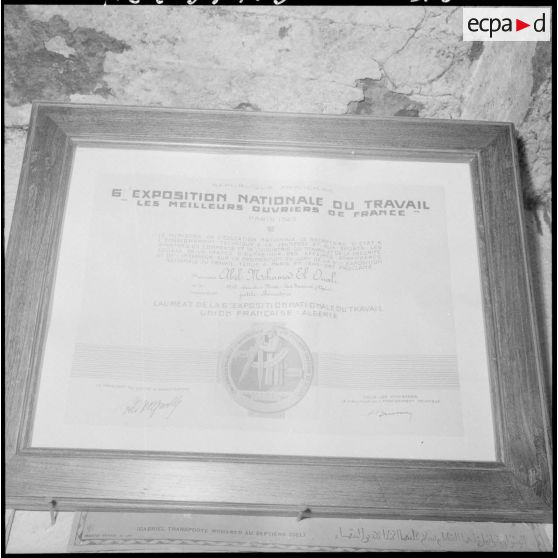 Fort-National. Certificat du lauréat de la 6ème exposition nationale du travail.