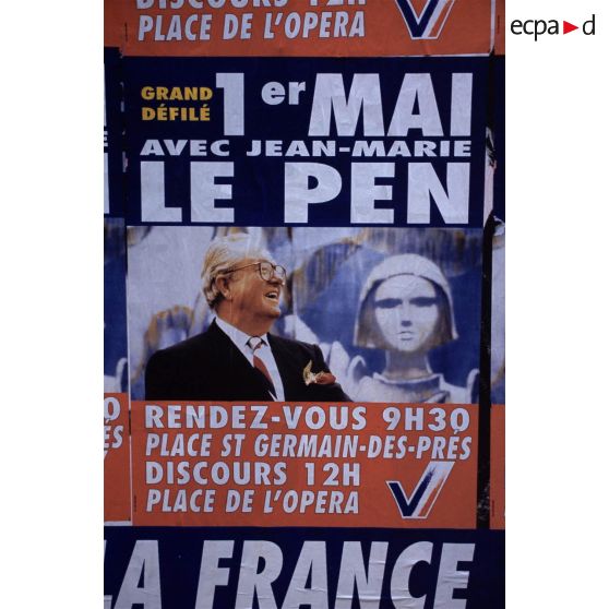Avril 1995. Paris. Elections présidentielles : affiche FN, avec Jean-Marie Le Pen.