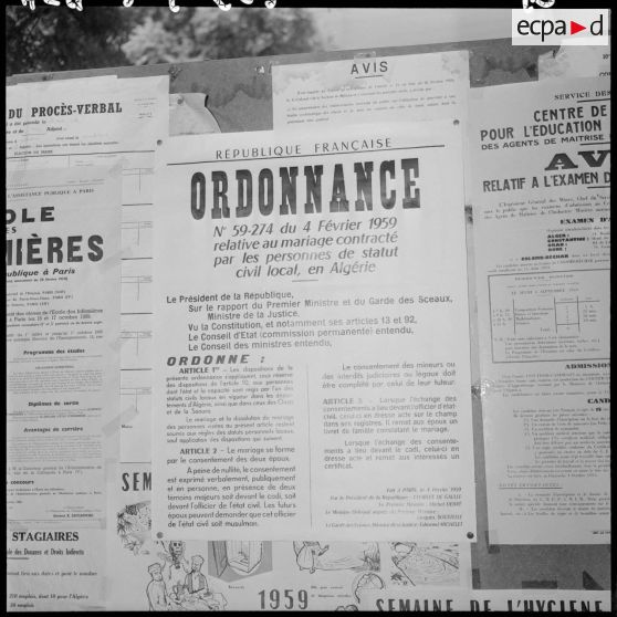 Affiche de l'ordonnance n°59-274 du 4 février 1959 relative au mariage contracté par les personnes de statut civil local, en Algérie.