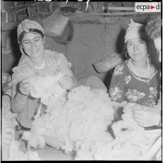 Des femmes travaillent la laine à l'intérieur d'une mechta.