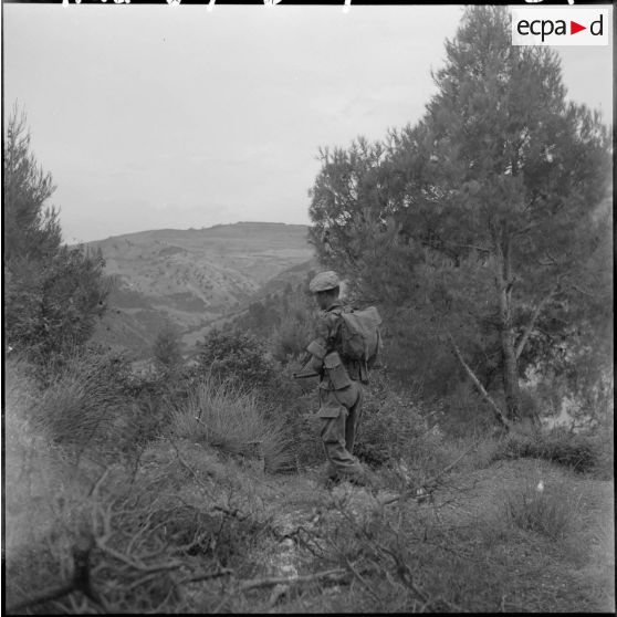 Progression du commando de chasse du secteur de Médéa au cours d'une opération en pleine montagne.