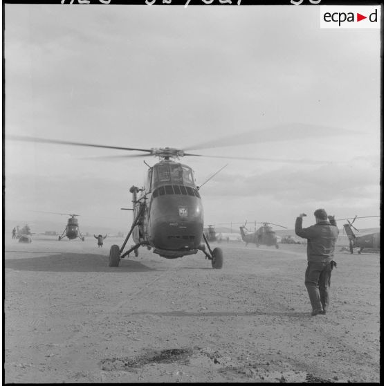 Les hélicoptères de transport Sikorsky sont guidés par les chien-jaune (Marshaller).