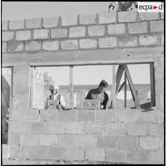 Mekhadmas. Militaires et population civile travaillent en coopération pour la construction de futures maisons.
