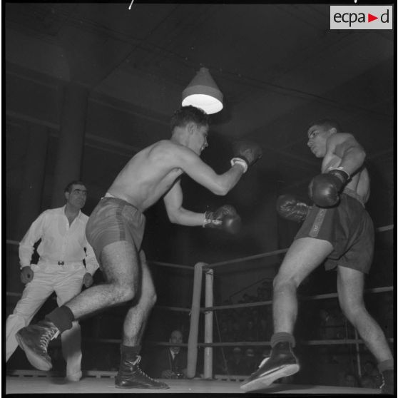 Championnat de boxe interarmées d'Algérie de 1960. Catégorie super-légers : Demazeau contre Marieddine.