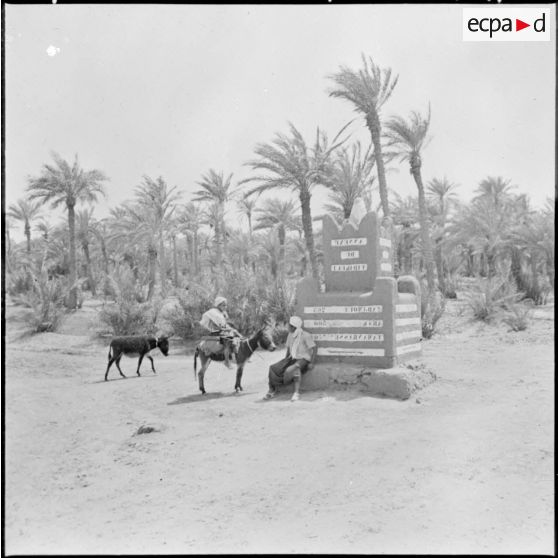 Ensablement de la ville d'In Salah. Population civile devant un panneau indicateur et une palmeraie.