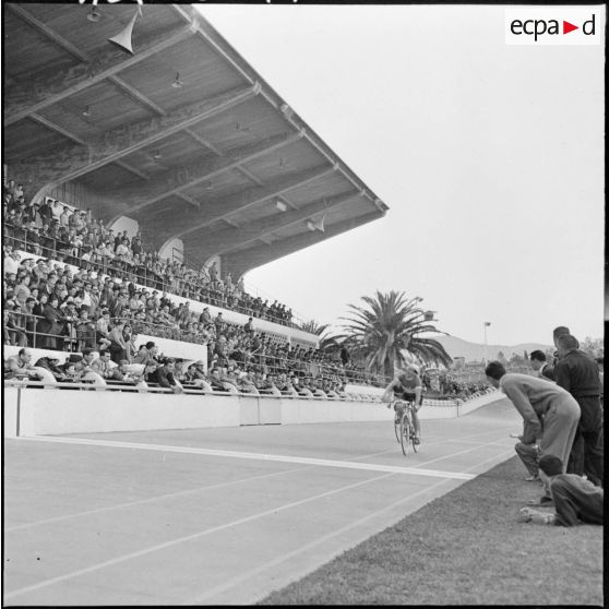 Prix cycliste 1960 du département de Bône. Course sur piste (poursuite). Les coureurs Le Borgne et Le Roux en plein effort.