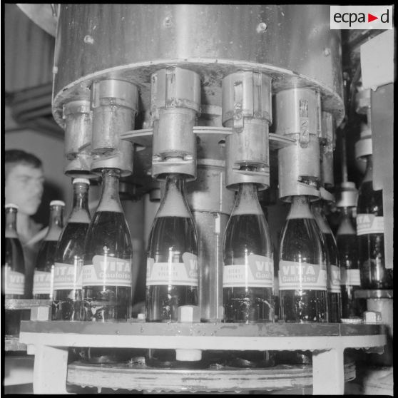 Usine de fabrication de la bière "La Gauloise". L'encapsulage des bouteilles.