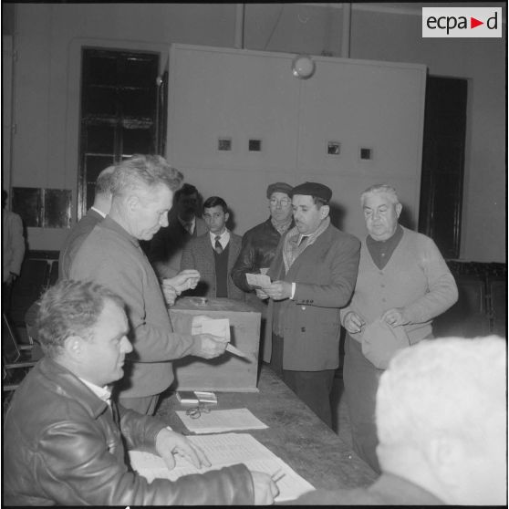 Référendum sur l'autodétermination. Bureau de vote réservé aux hommes, dans la salle des fêtes de la mairie de Staoueli.