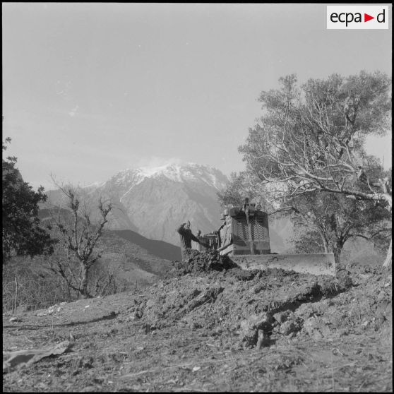 Secteur de Kerrata. 69e compagnie de génie (69e CG). Bulldozer en activité sur la piste.