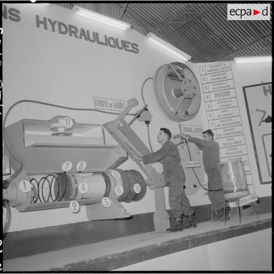 Camp de l'Alma. Centre d'instruction du service du matériel n°3 (CISM 3). Salle de Freinages. Maquette du circuit hydraulique.