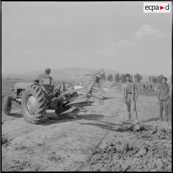 Attafs. Centre de formation professionnelle agricole (CFPA). Des élèves apprenant à conduire les engins agricoles sur le terrain.