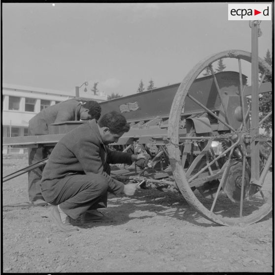 Attafs. Centre de formation professionnelle agricole (CFPA). Nettoyage par les élèves des engins après le travail aux champs.