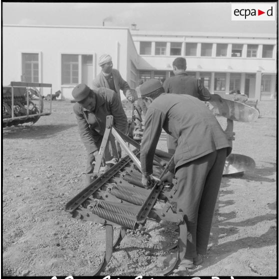 Attafs. Centre de formation professionnelle agricole (CFPA). Nettoyage par les élèves des engins après le travail aux champs.