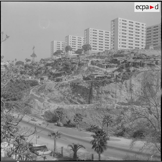 Alger. Bidonvilles de la cité Vinci avec à l'arrière plan les nouveaux bâtiments de la cité Diar-es-Schems.